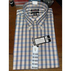 NWT Kirkland Men's Button Up Shirt Size 16 x 32/33 NWT - brown grey plaid